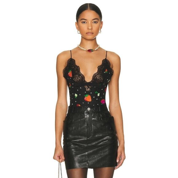 Alessandra Rich Strawberry Print Silk Jacquard Bodysuit in Black 42 New Womens - Picture 1 of 15